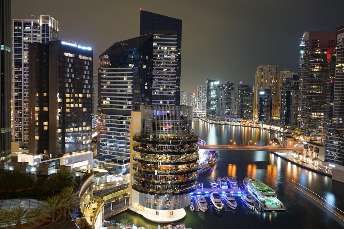 Dubai Marina towers at night