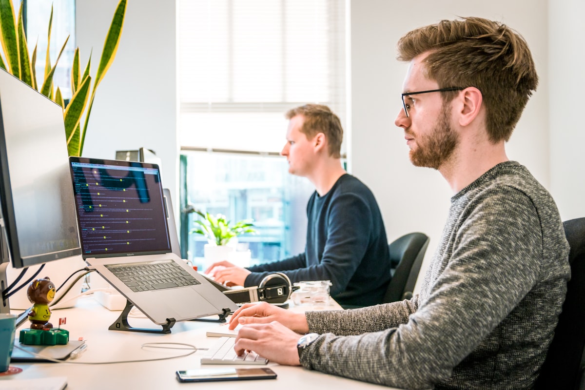 Developers writing code at bright office workstations